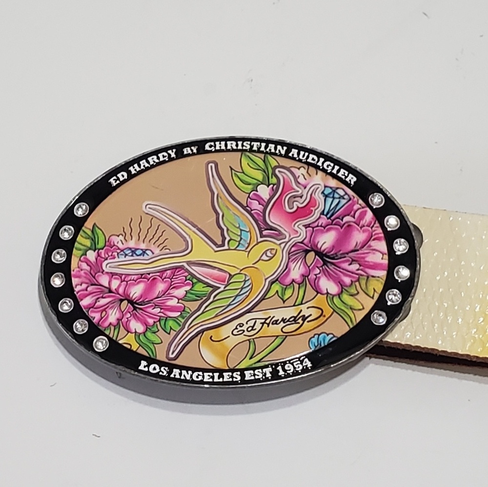 Vtg Ed Hardy Women's Belt Rhinestone Buckle Belt